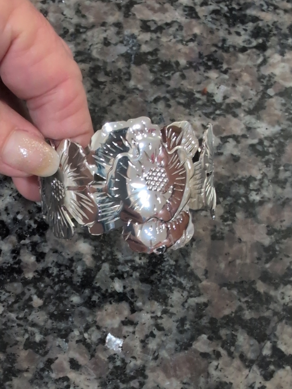Silver Toned Floral Statement Cuff Bracelet